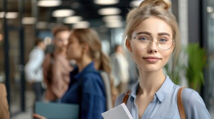 A young professional woman with glasses, holding documents, smiles confidently in a modern office with blurred colleagues in the background.