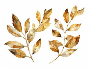 Watercolor illustration of two golden branches with leaves isolated on a white background.
