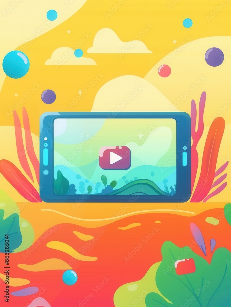 Poster a colorful digital illustration of a tablet device displaying video streaming, set against a vibrant