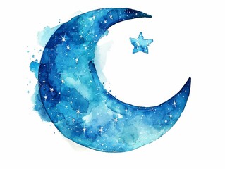 Watercolor painting of a crescent moon with a star, in shades of blue with a white background.