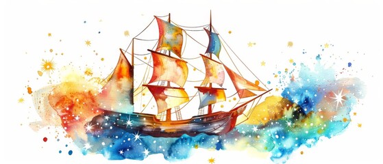 Watercolor painting of a sailboat on the sea with splashes of color.
