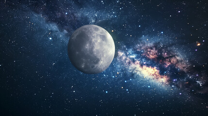 Starry night sky with the Milky Way and a glowing moon