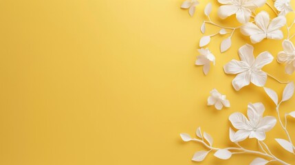 White paper flowers on a yellow background with copy space.