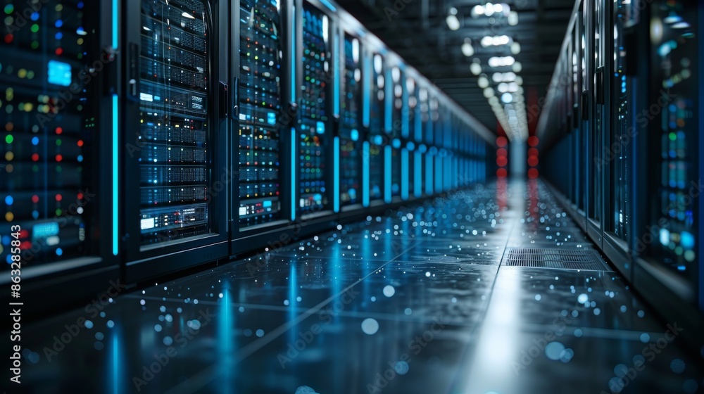 Poster multiple rows of server racks fully operational in data center. telecommunications, cloud computing,