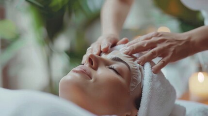 A person enjoying a relaxing facial massage at a spa, surrounded by a tranquil and soothing environment.