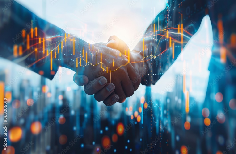 Poster handshake between businessman and associate with effect of global network connection and graph chart