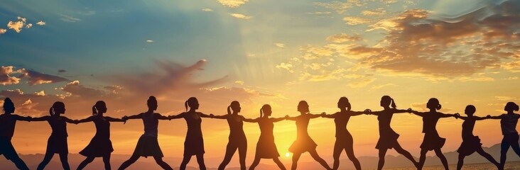 Fototapeta premium The silhouette of a group of happy business associates making high hands in beautiful sunset sky at sunset for business success and teamwork concept in the workplace.
