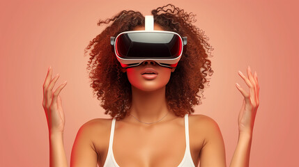 Naklejka premium Amazed young woman in virtual reality, using vr glasses headset, standing