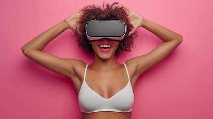 Fototapeta premium Amazed young woman in virtual reality, using vr glasses headset, standing over gray background