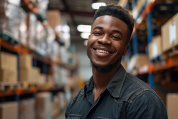 Naklejka premium Portrait of a smiling young adult man working in warehouse