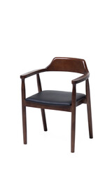 Single dark wooden chair isolated on white background. A modern dining chair made of walnut wood and leather