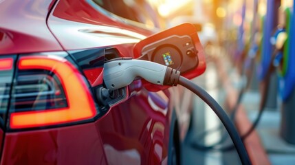 Electric vehicle charging at a public charging station in a sunny, urban setting.