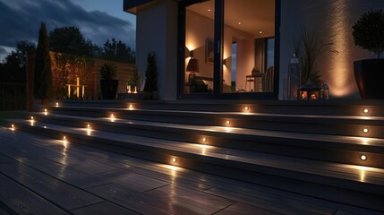 A modern composite decking in ash grey featuring two levels, illuminated by warm ambient deck lights during twilight, adding elegance to an outdoor living space.