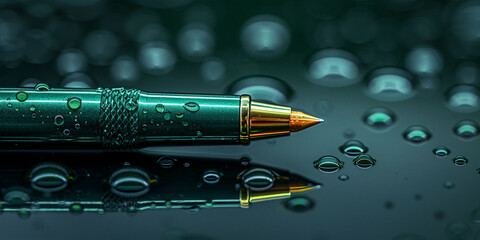 green and Gold luxurious pen with water droplets lying on black reflective surface concept of luxury glamour business. Banner back to school with copy space