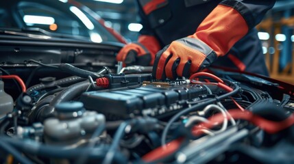 A car mechanic wearing gloves is repairing a car's engine in an automotive workshop. The image showcases detailed engine components and tools used in the process.