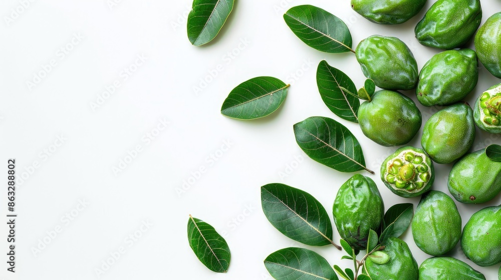 Poster feijoa shaped heart on white background with vitamin and immunity concepts flat lay view with space 
