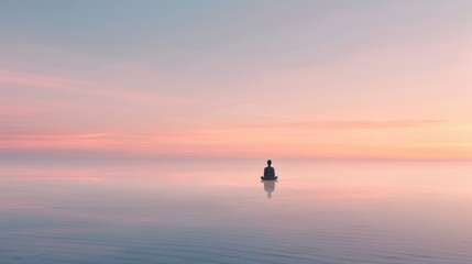 Fototapeta premium A lone individual meditates serenely at sunrise on a pristine beach, surrounded by calm waters and a soft, pastel-toned sky reflecting on the tranquil sea.