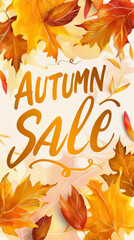 A digital illustration of yellow and orange autumn leaves with a handwritten Autumn Sale graphic in the center
