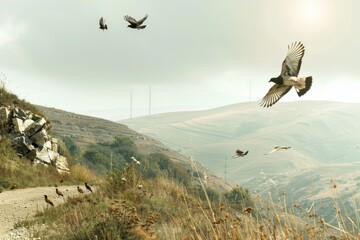 Fototapeta premium A serene landscape features birds in flight over hilly terrain with a cloudy sky and sunlight shining through. Natural scenery has a tranquil and calming ambiance.
