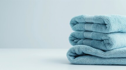 A stack of clean blue cotton towels on a blue background with copy space 