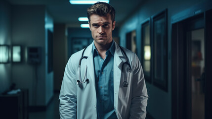 A young male doctor in a white coat stands in a hospital hallway at night