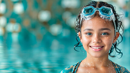 Close-up of a smiling girl in swimming goggles enjoying a pool. Ideal for swim schools, summer camps, and children's activity promotions. Concept: childhood joy, active lifestyle, water fun