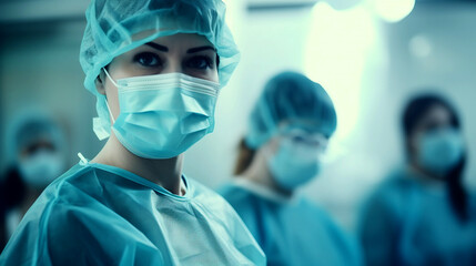 A female surgeon wearing a surgical mask and cap, standing in an operating room, looking directly at the camera