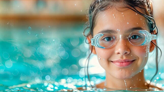 Close-up of a smiling girl in swimming goggles enjoying a pool. Ideal for swim schools, summer camps, and children's activity promotions. Concept: childhood joy, active lifestyle, water fun