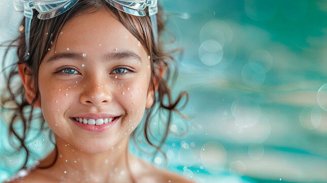 Close-up of a smiling girl in swimming goggles enjoying a pool. Ideal for swim schools, summer camps, and children's activity promotions. Concept: childhood joy, active lifestyle, water fun