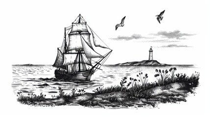 A retro hand-drawn engraving style sketch of a pirate ship sailing near a shoreline with a lighthouse in the background and birds flying overhead.