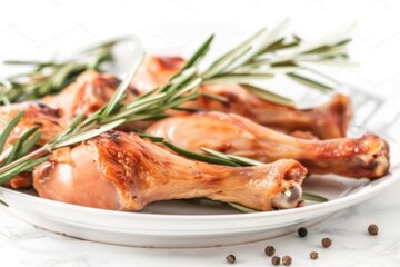 Juicy, grilled chicken drumsticks on a white plate garnished with fresh herbs. White background enhances the delicious presentation of the food.