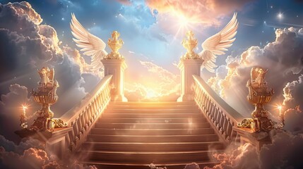 A stunning, ethereal scene depicting a golden stairway ascending into a heavenly realm, framed by radiant clouds and angelic statues with wings. The glowing light suggests a divine presence.