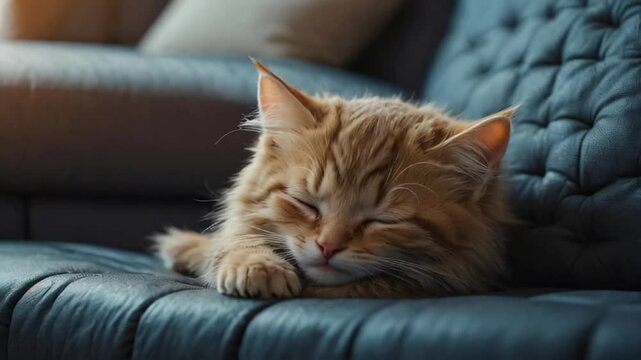Cute cat sleeping on the sofa in the apartment