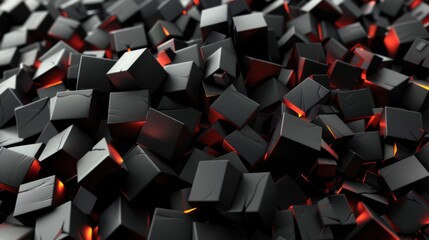 A high-resolution, cinematic image showcasing a dynamic pile of black metallic cubes with glowing red accents, creating a dramatic and futuristic scene.