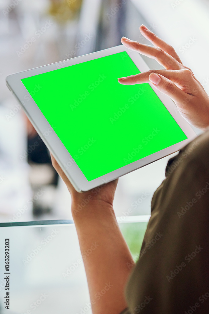Poster hands, employee and green screen on tablet in office for mockup space for research and networking. p