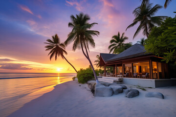 palms with white sand and blue water, villa in the middle, sunset, light colours