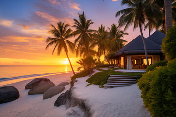 palms with white sand and blue water, villa in the middle, sunset, light colours