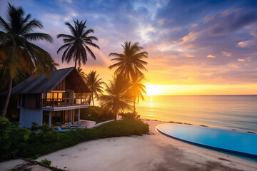 palms with white sand and blue water, villa in the middle, sunset, light colours