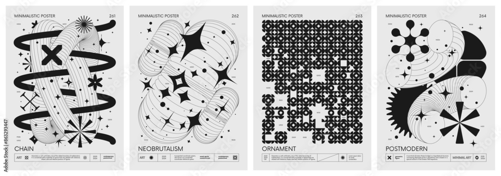 Poster brutalist style vector minimalistic posters with silhouette basic figures, retro futuristic graphic 