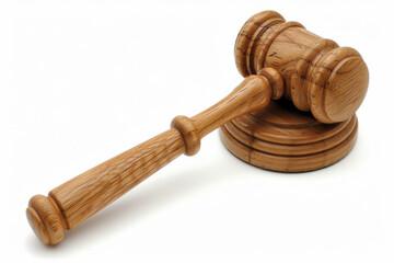 Wooden judge's gavel on white background. Justice, law and authority symbol. Legal services, court-related articles and judicial concepts.