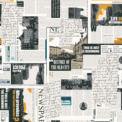 seamless pattern with collage of newspaper or magazine clippings. Vector background in retro style with titles, illustrations and imitation of text. Suitable for wallpaper, wrapping paper, fabric