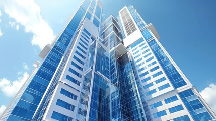 A high-rise futuristic city mall with sleek, modern architectural design, featuring extensive use of glass against a clear blue sky.