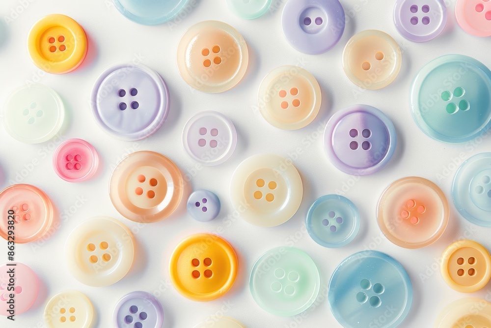 Poster a collection of differently colored buttons arranged on a white surface