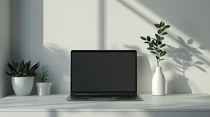 Minimalist Workspace with Laptop and Indoor Plants in Natural Light