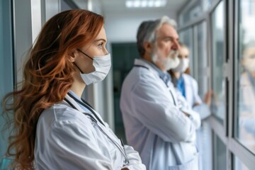 Obraz premium A team of doctors in a hospital stands together looking out of a window. They are dressed in medical attire with stethoscopes and face masks, focused on the view outside.