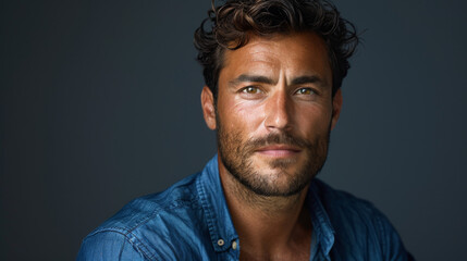 Handsome man wear blue shirt and posing in studio