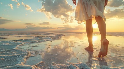 Serene Sunset Walk: Barefoot Journey on a Tranquil Beach