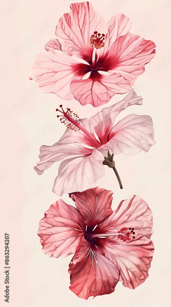 Poster pink flowers on a white background