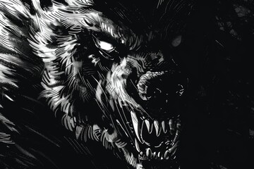 A monochrome drawing of a wolf's face with detailed features