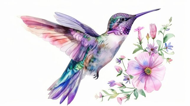 A vibrant watercolor illustration of a hummingbird in flight, surrounded by delicate pink and purple flowers. The artwork is colorful and ideal for graphic design.